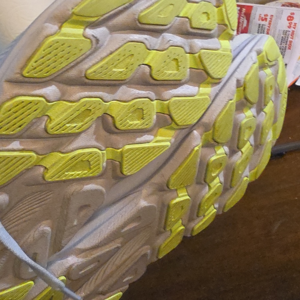 Hoka women's light gray running shoes with pink logo and blue accents - Picture 7 of 8
